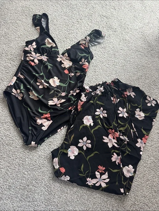 Shade & Shore Black Floral Swim Cover Set with Pink and Cream Blooms 2 pc set