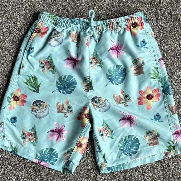 Star Wars Mens‎ Mandalorian Swim Trunks Shorts Size Small Grogu Baby Yoda Blue
