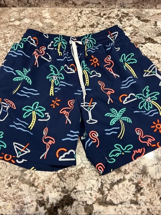 chubbies Navy Tropical Neon Print Swim Trunks