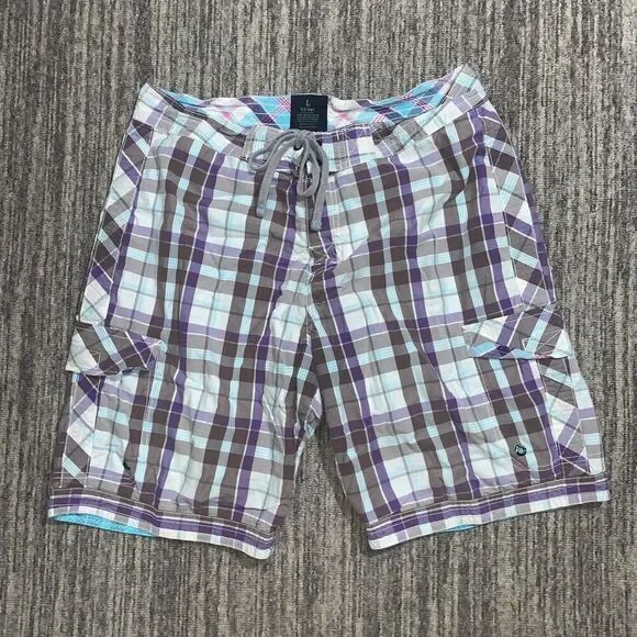 Old Navy Mens Size Large Cargo Swim Shorts Purple Cream‎ Plaid Tie Beach Summer