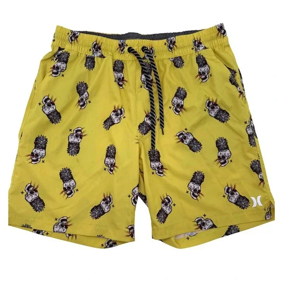 Hurley Mens Pineapple‎ Skull Board Shorts Yellow Swim Trunks Size 32