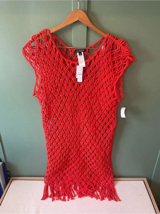 J.Crew macramé midi dress/beach cover up is featured in a vibrant coral red