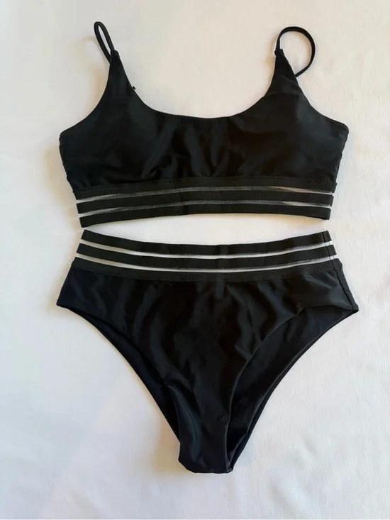 NWOT - SHEIN Black Sporty Striped High-Waist Bikini
