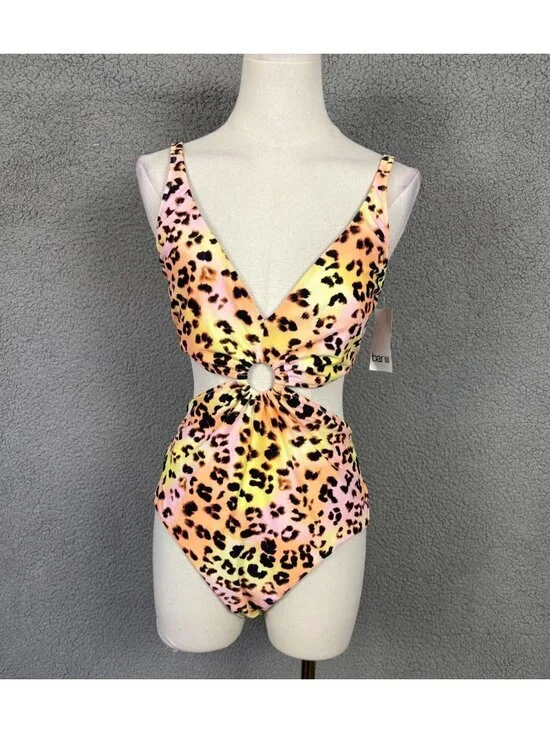 Bar III Leopard Print Monokini One-Piece Ring Detail Swimsuit Multi Size Lg NWT.
