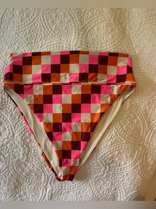 Beach Riot Pink Orange Burgundy Checkered Swim Top