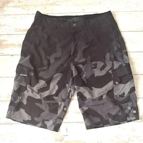 Men’s Size 34 Swim Trunks Swimsuit Camouflage Cargo Shorts Black Gray Ocean