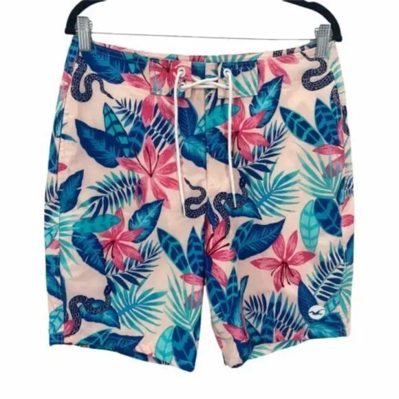 Hollister Swim Trunks Mens 30 Pink Floral Snake Board‎ Shorts Epic Flex Pockets