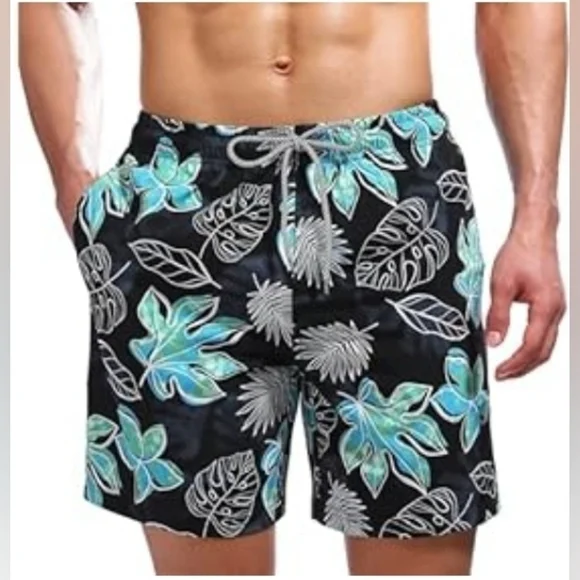 Men's Quick Dry Tropical Beach Shorts Swimsuit Swimwear Swim Trunks, Black/Teal