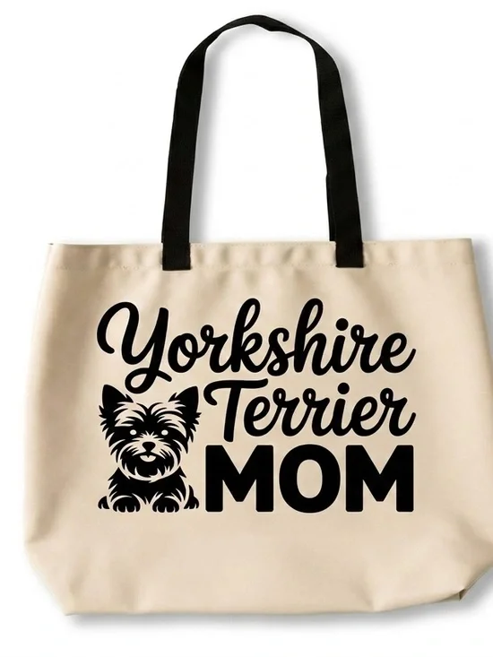 Yorkshire Terrier Mom Tote Bag - Black Text on Cream 19 in x 14 in
