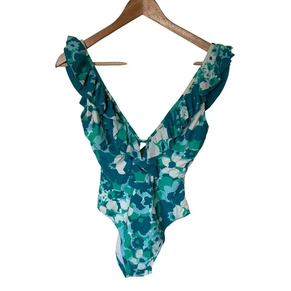 Michael Kors One Piece Swimsuit Womens 6 Teal Floral Ruffle V-Neck Excellent