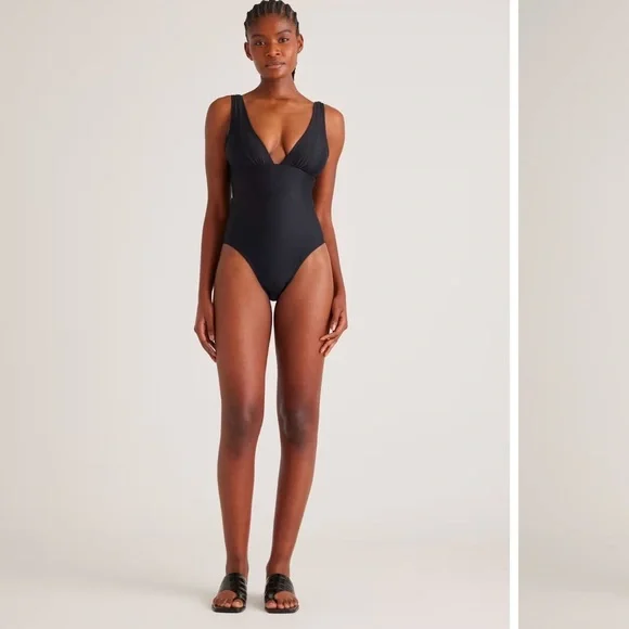Quince Italian Plunge Ribbed Swim One Piece Bathing Suit XS NEW Black