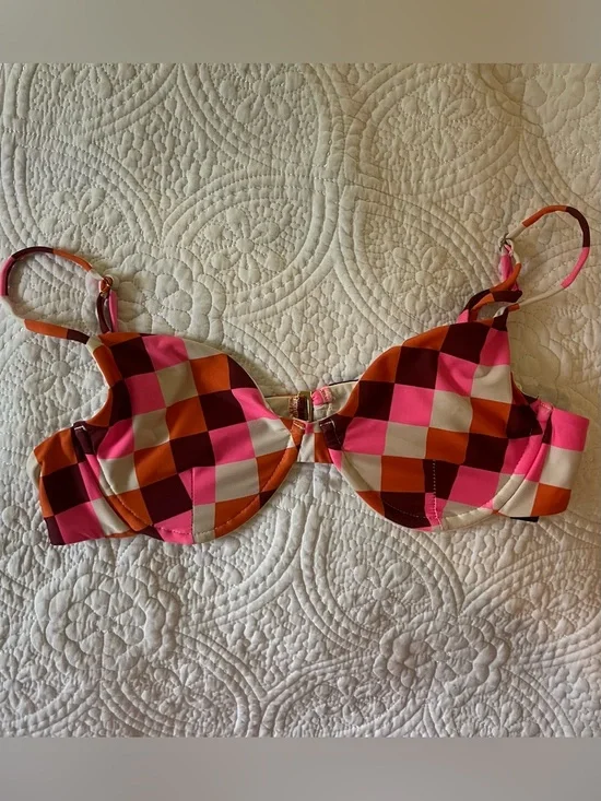 Beach Riot Pink Orange Brown Cream Checkered Bikini Top