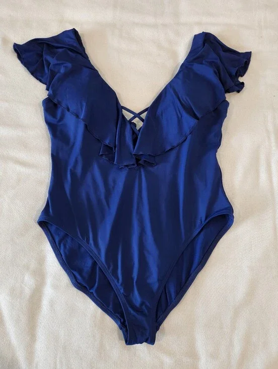 La Blanca Ruffle Shoulder 1pc Swimsuit Size 14 Cobalt Blue