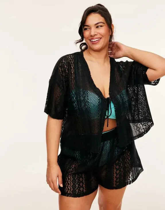 Adore Me Set Nika NWT 2X Lace Cover Up Top Shorts Pajama Swim Swimwear Black