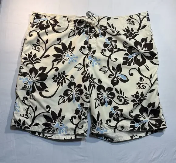 Old Navy Men’s XXL Hawaiian Floral Board Shorts Swim Trunks White Black Blue