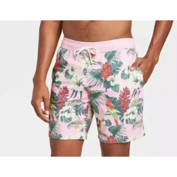 Goodfellow‎ & Co Mens Pink Tropical Parrot Floral Swim Trunks Shorts Size M