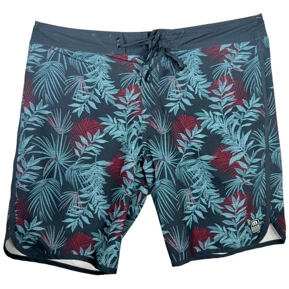 TravisMathew Men's Tropical Leaf Board Shorts Navy Red Stretch Swim Size 38