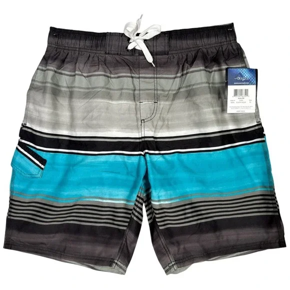 Kanu Surf Avalon Men's Swim Trunks Black Aqua Stripe XL NWT UPF 50+