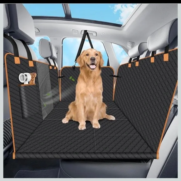 Black Quilted Dog Car Seat Cover with Orange Trim by