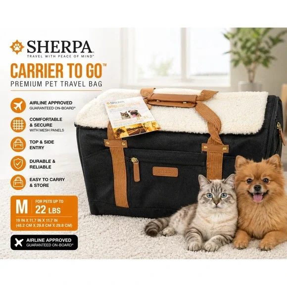 Sherpa Element Carrier To Go Pet Travel Bag Black Tan Large 22lbs 55526‎