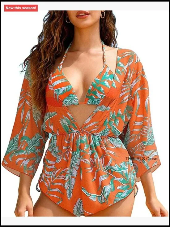 3 Piece Swimsuits for Women Tropical Leaf Print Bikini Set with Mesh Cover Up