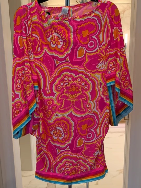 Trina Turk Pink and Orange Floral Swim Cover-Up with Turquoise Trim