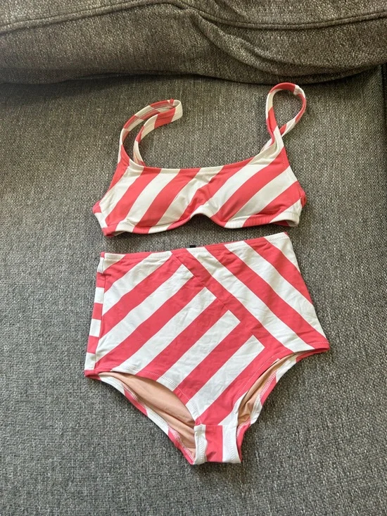 J. Crew Striped Coral and White Two-Piece Bikini Set | Size XS