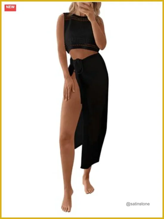 Crochet Swim Cover Up Set Crop Top Wrap Skirt Boho Beachwear