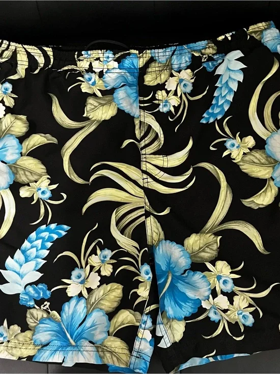 Black Floral Swim Shorts with Blue and Green Hibiscus Print