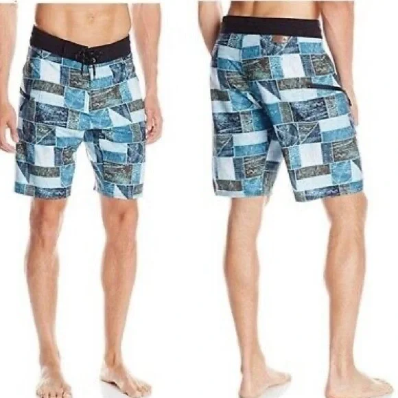 Hippytree Woodchip Print Board Short Swim Trunks in Surf Beach Blue