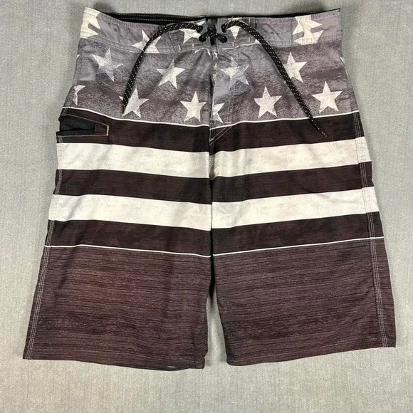 Burnside Mens Board Shorts Size 32 American Flag Stars Stripes Grey Black Swim