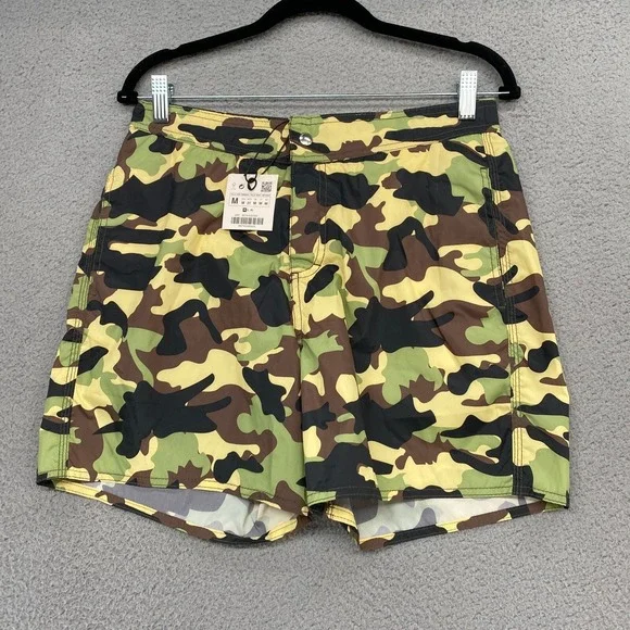 Zara Swim Trunks Mens Medium Camo Green Black Pockets‎ Swim Beach Lightweight