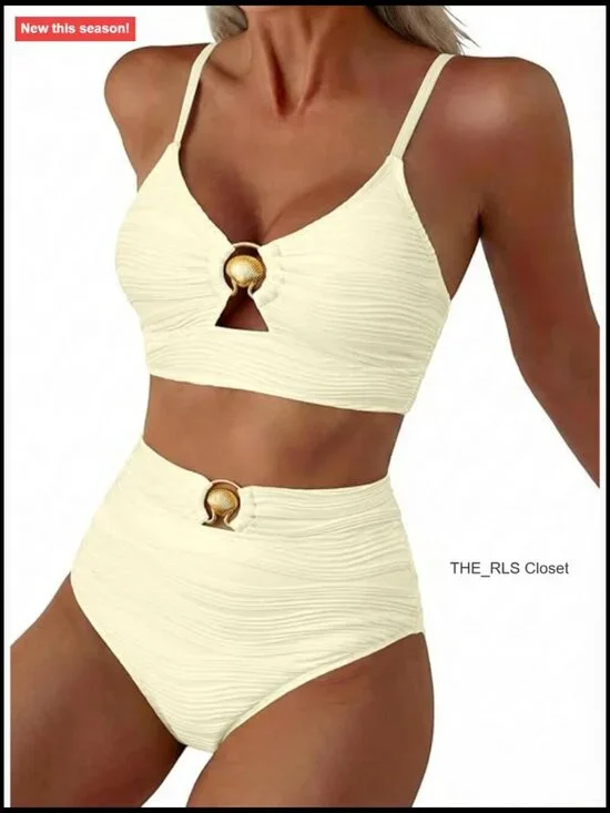 2 Piece High Waisted Bikini Set Textured Swimsuit Summer Beach Swimwear