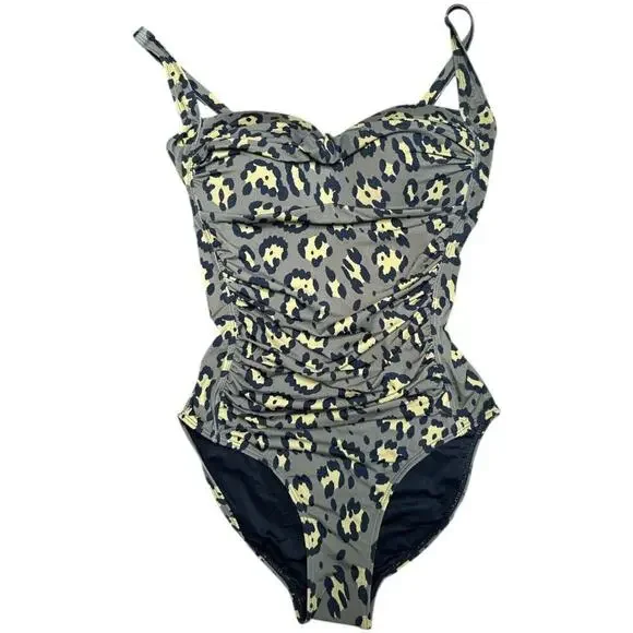 Betsey Johnson Olive Green Leopard Print Ruched One-Piece Swimsuit Swimwear M