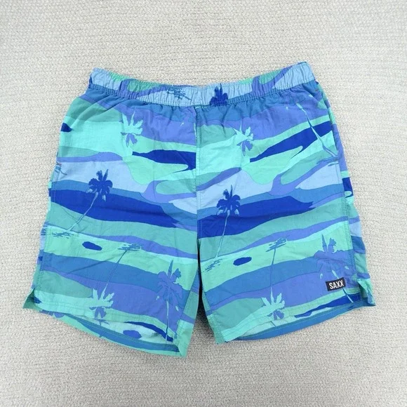 SAXX Go Coastal 2N1 Volley Swim Trunks XL Blue Tropical Palm BallPark Pouch