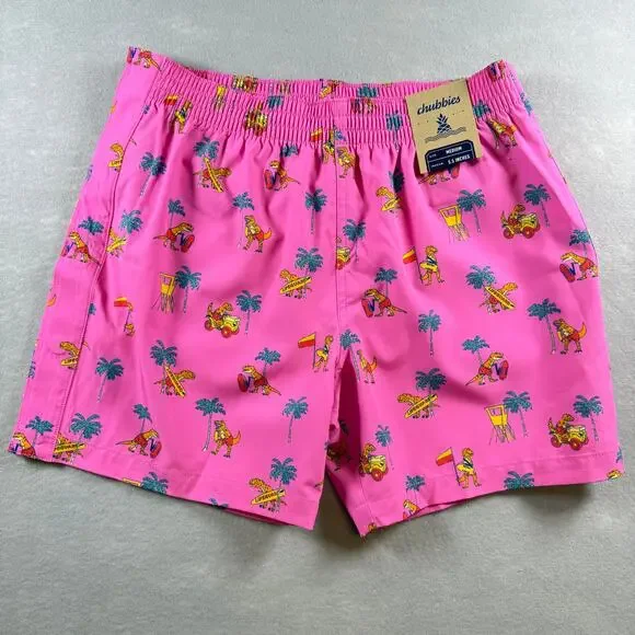 NWT Chubbies The Dino Racers pink tear-away trunks - swim suit funny  bold sz M
