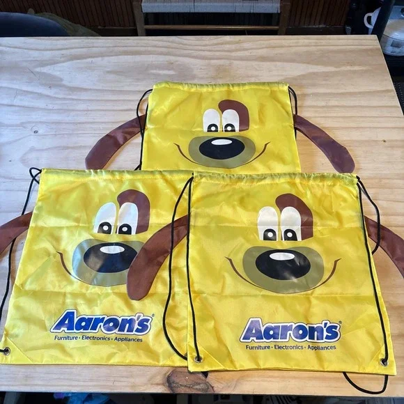 Aaron's Furniture VTG Puppy Dog Drawstring Bags Yellow With Ears Funny Lot Of 3