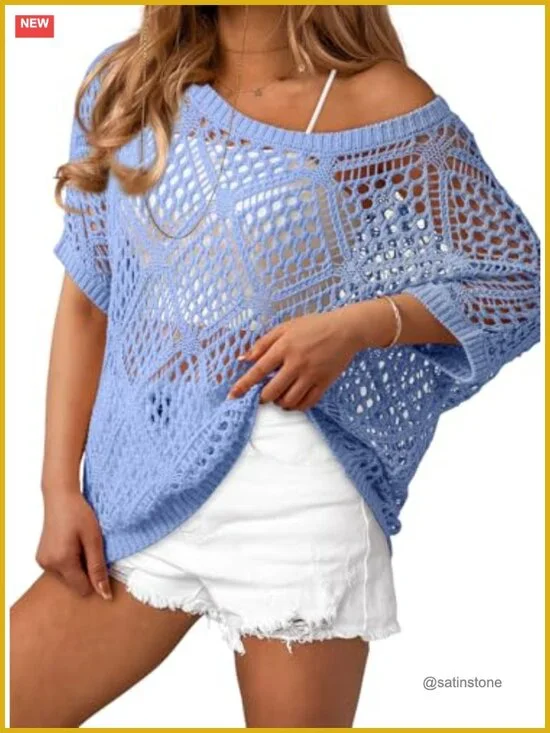 Crochet Cover Up Top Short Sleeve Off Shoulder Sweater Beach Swimsuit Coverup