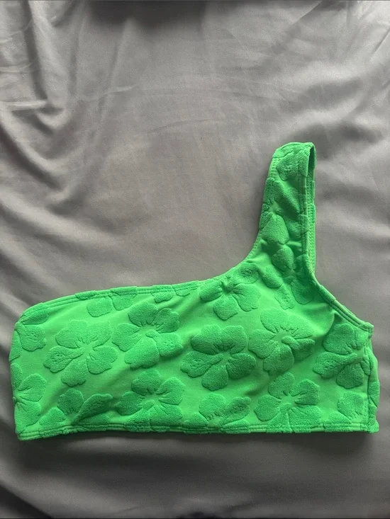 preppy bright green bikini top with flowers one strap *