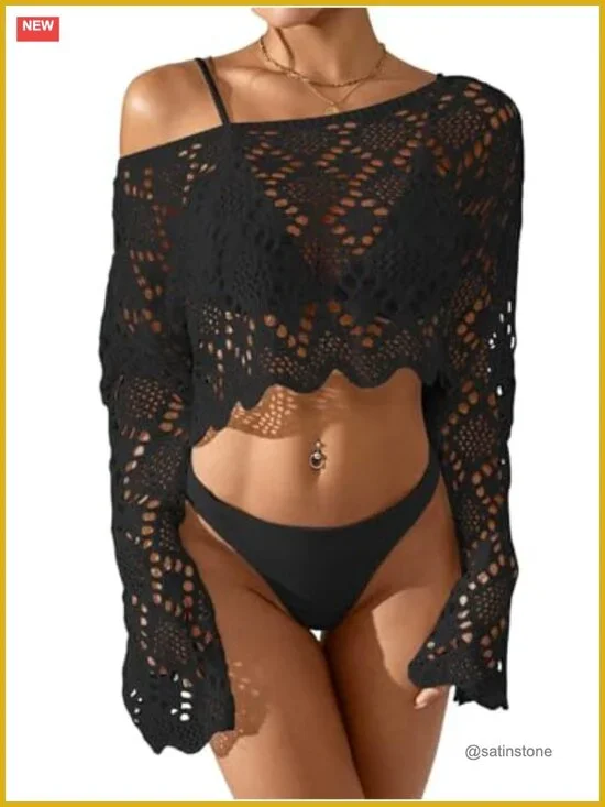 Crochet Swimsuit Coverup Crop Top Off Shoulder Ruffle Trim Beach Cover Up