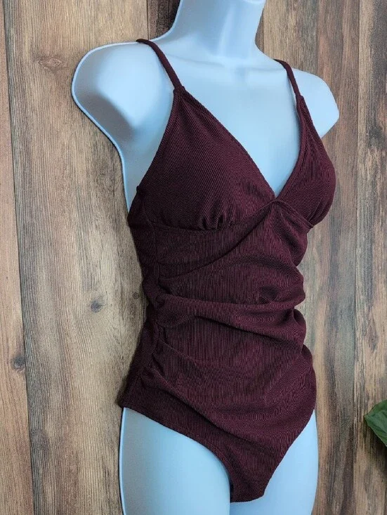 Cupshe Ribbed One-Piece Swimsuit in Deep Burgundy NWT S        529A