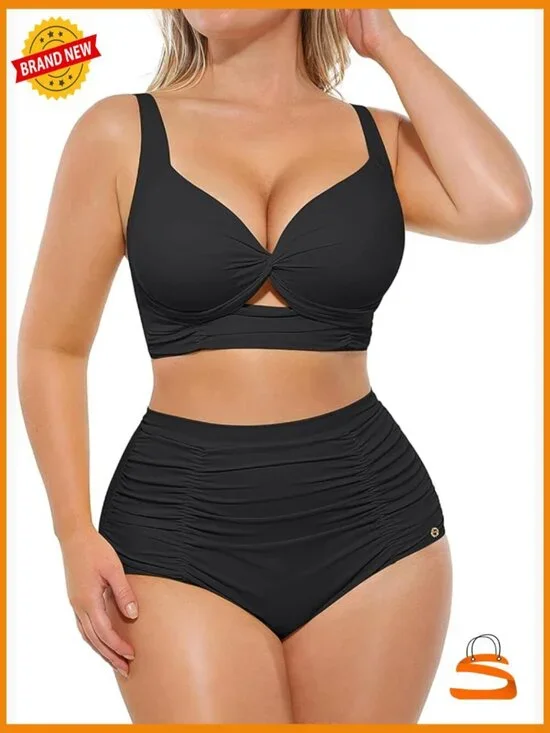 High Waisted Tummy Control Bikini Set with Twist Front and Racerback