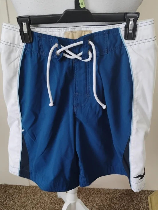 Hollister Blue and White Men's Swim Board Shorts