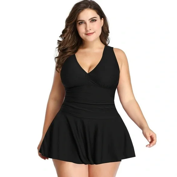 Plus Size Black V-Neck One-Piece Swimdress