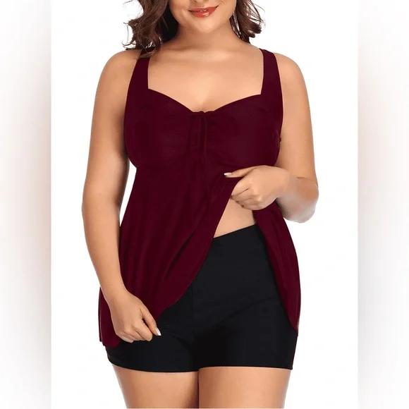 Plus Size Burgundy Tankini Top Swim Bikini - Elegant Ruched Front
