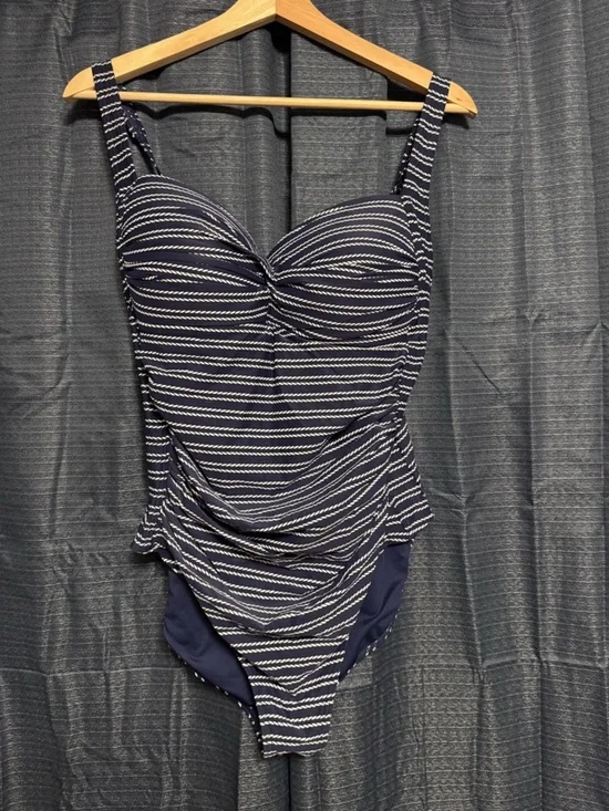 Niptuck navy and white striped rouched one piece swimsuit Size 12