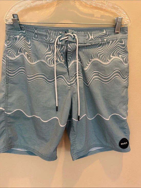 RVCA Men's Light Blue Wave-Pattern Board Shorts