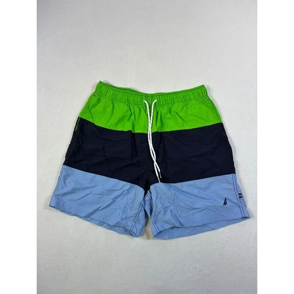 Nautica Mens Colorblock Swim‎ Trunks Green Navy Blue Mesh Lined Size Medium