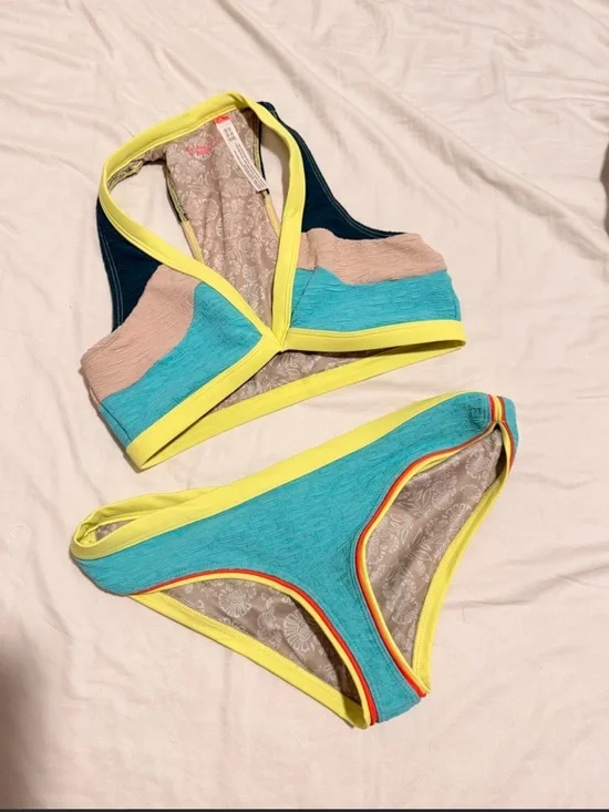 Free People Colorblock Blue Teal & Yellow Bikini Set