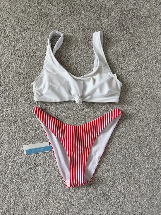 Cupshe White Bikini Top with Red Striped Bottom